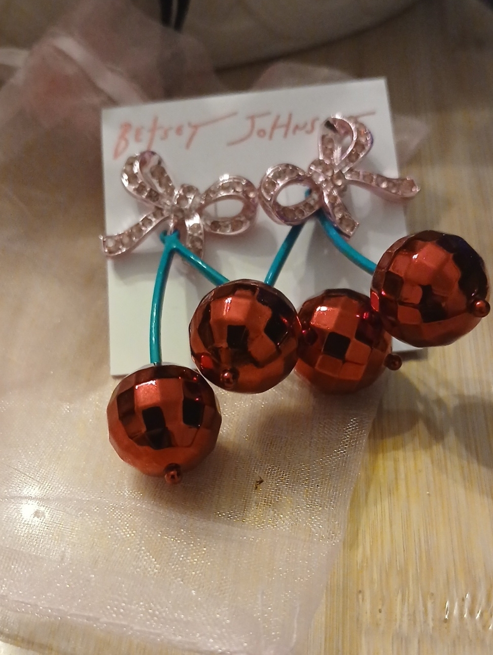 Betsey Johnson Red Cherry Drop Earrings with Pink Bow Accents
